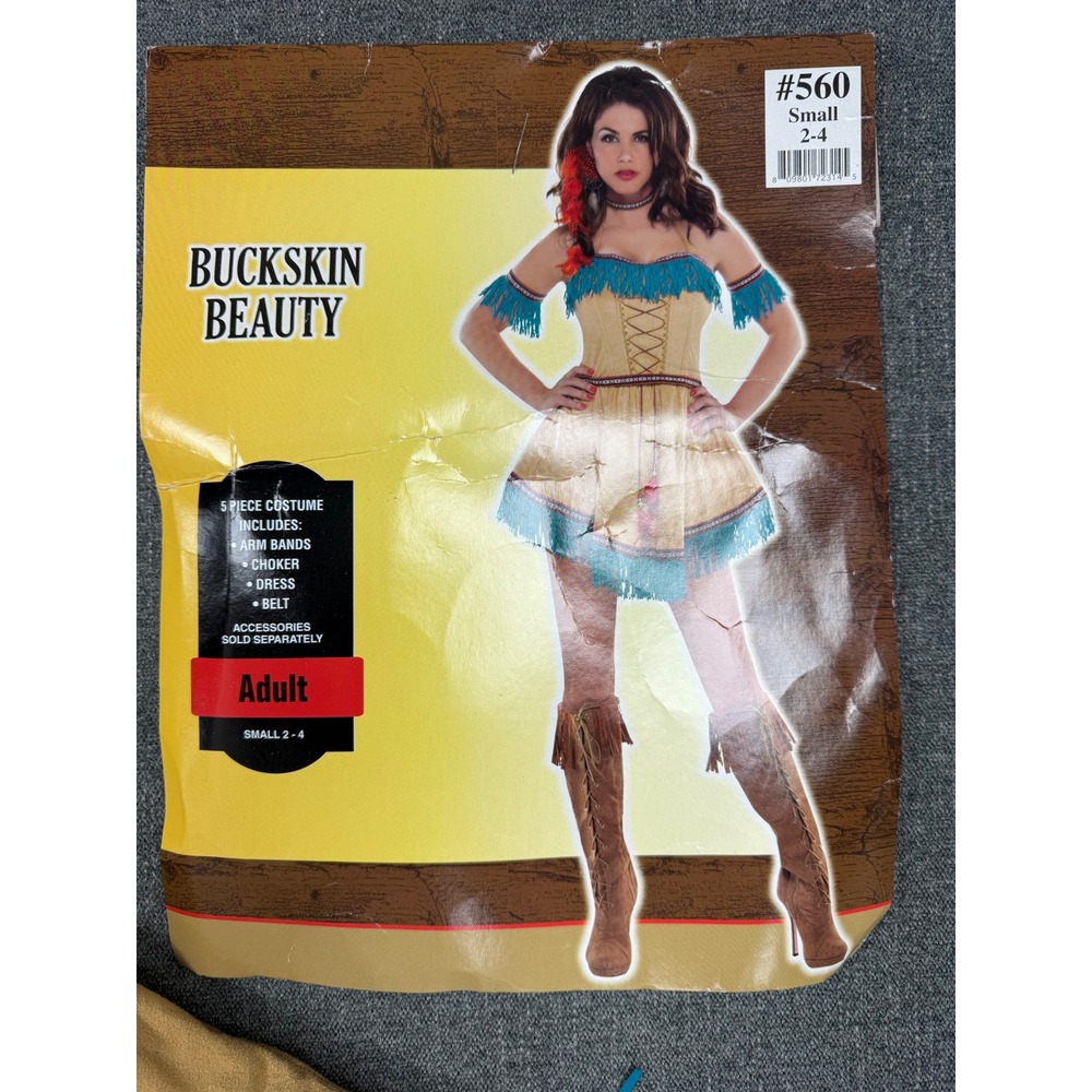 Buckskin Beauty Adult Costume Set Tan Turquoise Fringe Dress Necklace Small 2-4 - Picture 2 of 8